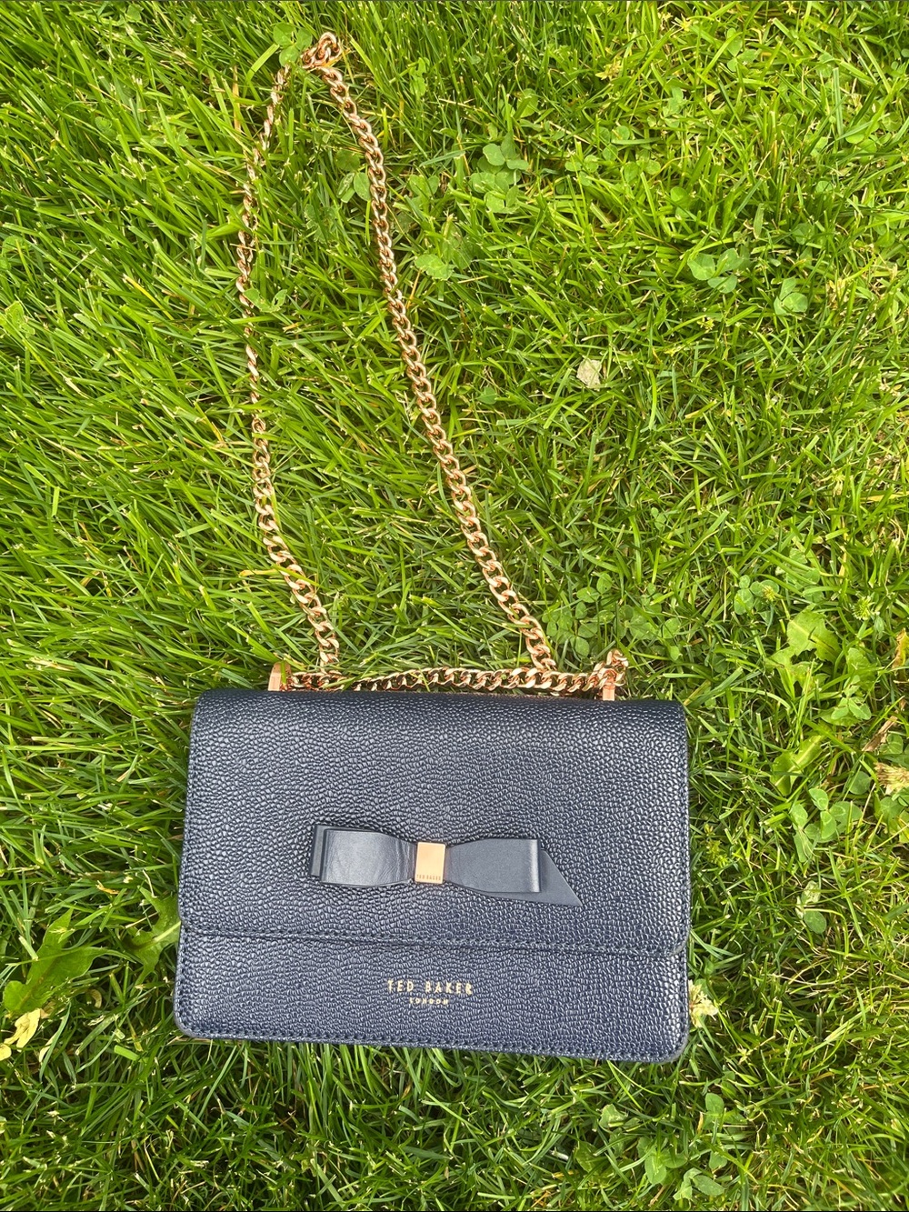 Ted Baker Black Textured Leather Crossbody with Gold Chain and Bow